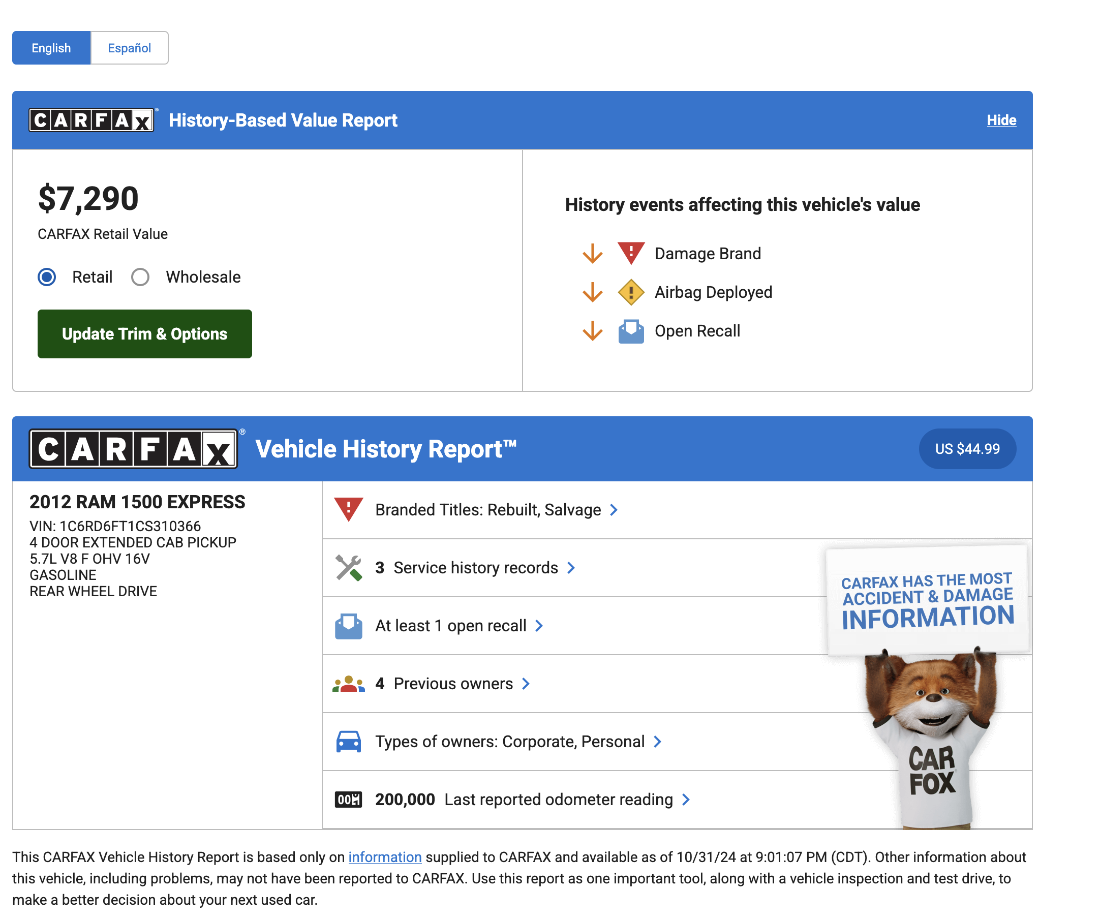 Sample vehicle history report preview